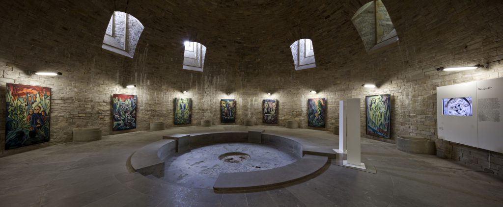 The crypt diplays reconstructions of the memorial cycle by Josef Glahé , first shown in in 1950, and incorporates Expressionist motifs depicting the horrors of war. Picture: M. Groppe, 2010, Kreismuseum Wewelsburg