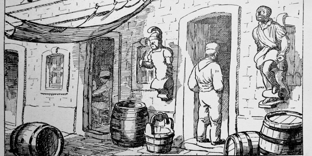 Illustration of the misnamed Negre de la Riba at the pier, published in Visions barcelonines, 1760–1860. Els barris de la Ciutat by Francesc Curet and Lola Anglada, 1953.