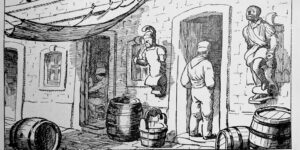 Illustration of the misnamed Negre de la Riba at the pier, published in Visions barcelonines, 1760–1860. Els barris de la Ciutat by Francesc Curet and Lola Anglada, 1953.